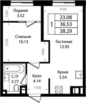 2-комн., 36.53 м², 4/18 этаж, ЖК «Патрики»