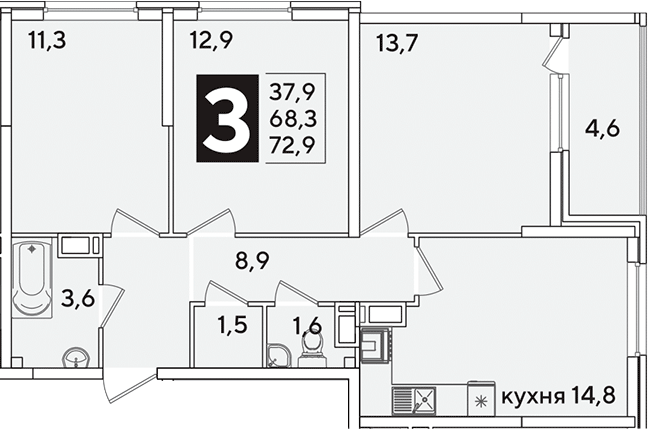 3-комн., 68.3 м², 10/16 этаж, ЖК «Самолет»