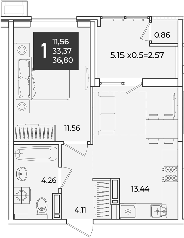 1-комн., 33.37 м², 13/18 этаж, ЖК «Образцово»