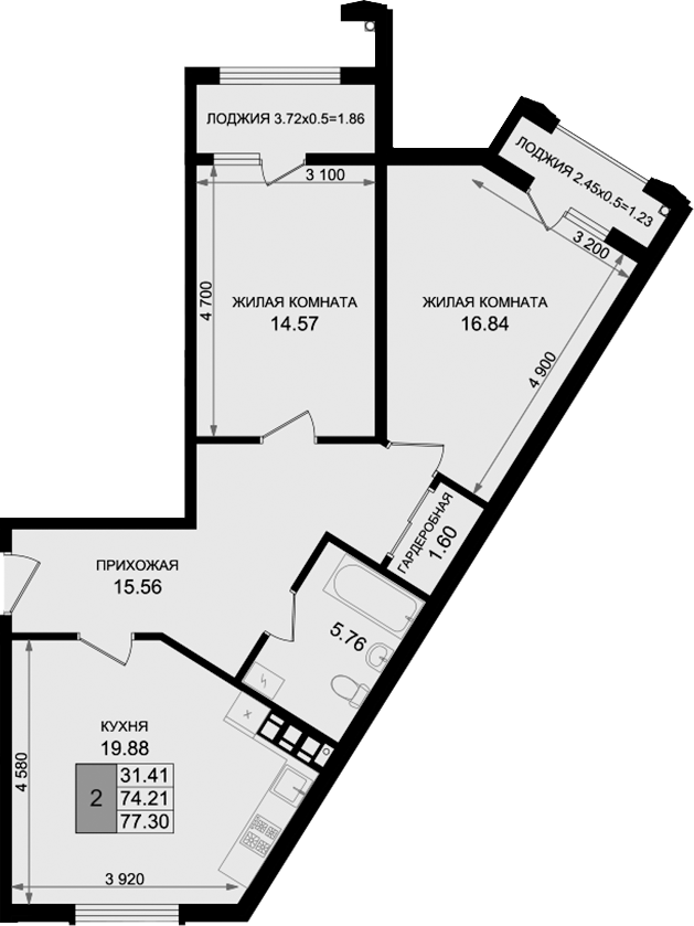 2-комн., 74.21 м², 4/8 этаж, ЖК «Резиденция морей»