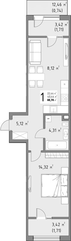 1-комн., 40.58 м², 3/15 этаж, ЖК «Коллекция»