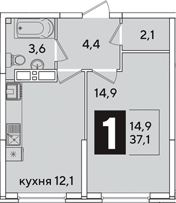Продается 1-комн. квартира, 37.1 м²
