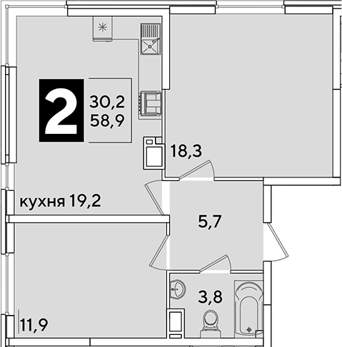 3-комн., 58.9 м², 12/16 этаж, ЖК «Самолет»