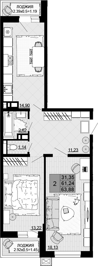 2-комн., 61.24 м², 4/12 этаж, ЖК «Дружба»