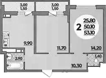 2-комн., 50.1 м², 9/18 этаж, ЖК «Парк у дома»