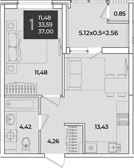 1-комн., 34.44 м², 2/18 этаж, ЖК «Образцово»