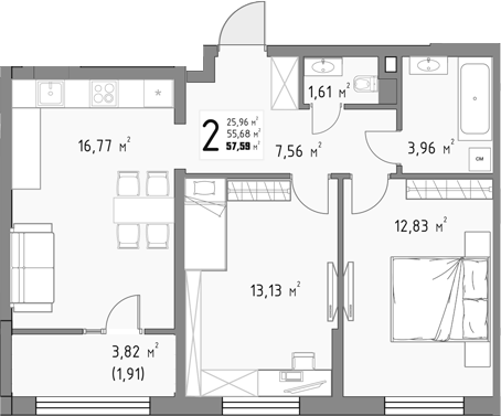 2-комн., 55.68 м², 6/15 этаж, ЖК «Коллекция»