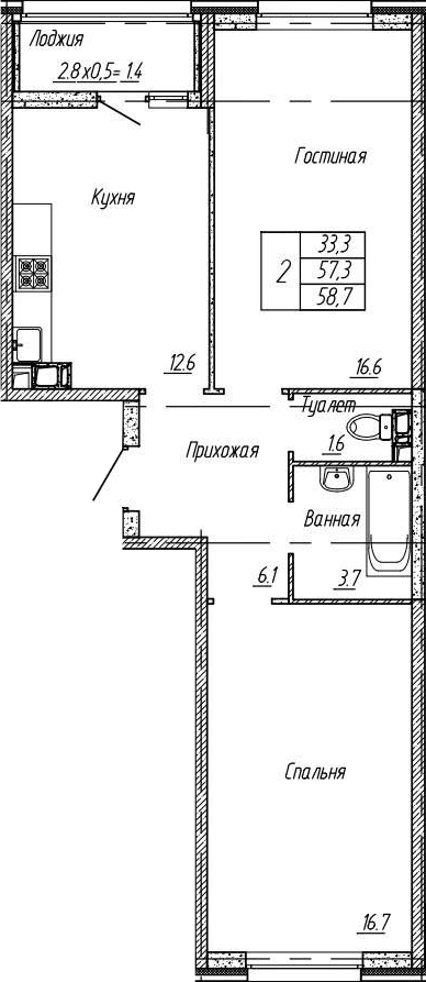2-комн., 57.3 м², 4/18 этаж, ЖК «Архитектор. ГК ЮгСтройИнвест»