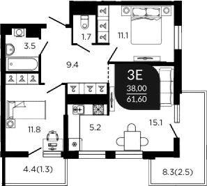 3-комн., 59.6 м², 4/22 этаж, ЖК «Отражение»