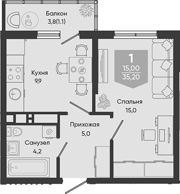 1-комн., 34.1 м², 17/24 этаж, ЖК «Облака»