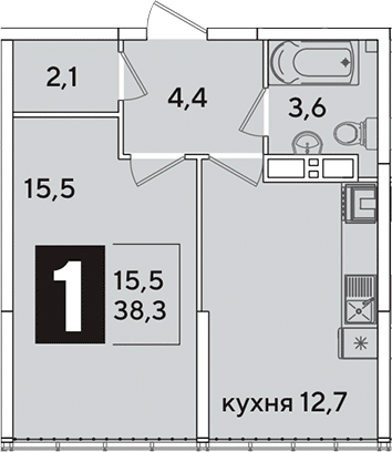 1-комн., 38.3 м², 16/16 этаж, ЖК «Самолет»