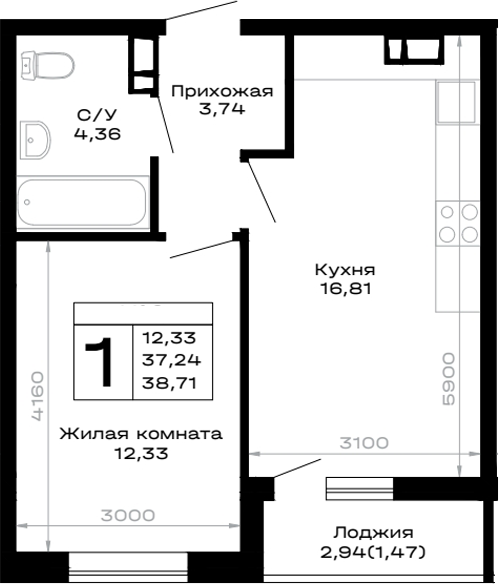 1-комн., 37.24 м², 3/14 этаж, ЖК «Горные высоты»