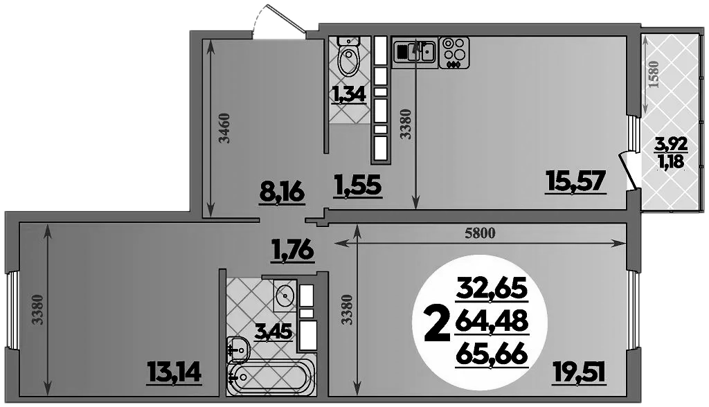 2-комн., 64.48 м², 4/9 этаж, ЖК «Предгорье Лаго-Наки»