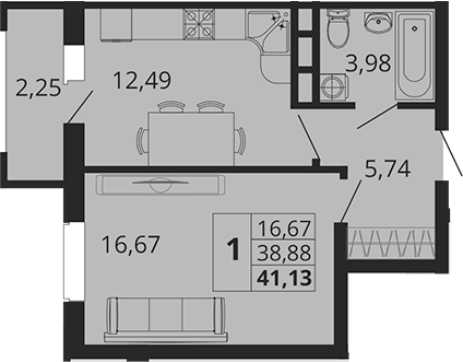 1-комн., 38.88 м², 4/18 этаж, ЖК «Родные Просторы»