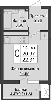 Студия, 20.97 м²