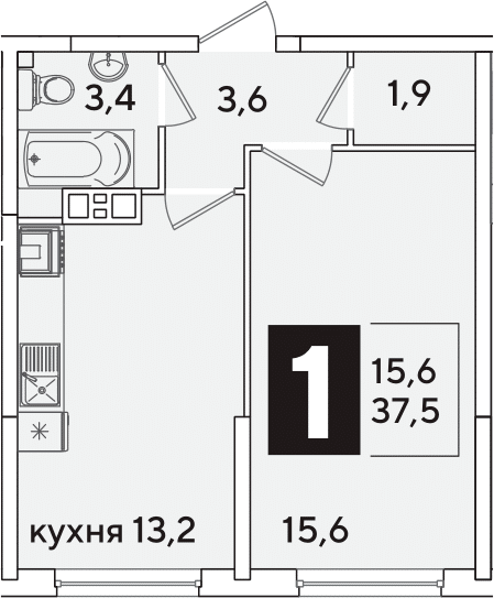1-комн., 37.5 м², 9/16 этаж, ЖК «Самолет»
