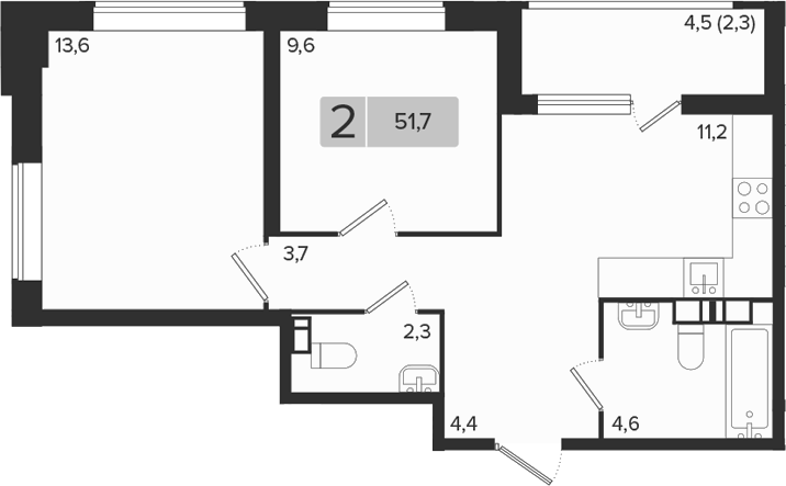 2-комн., 49.4 м², 3/18 этаж, ЖК «Эрмитаж»
