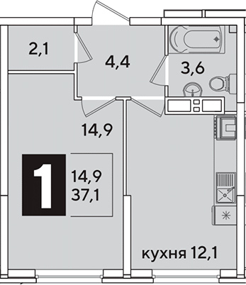 1-комн., 37.1 м², 14/16 этаж, ЖК «Самолет»