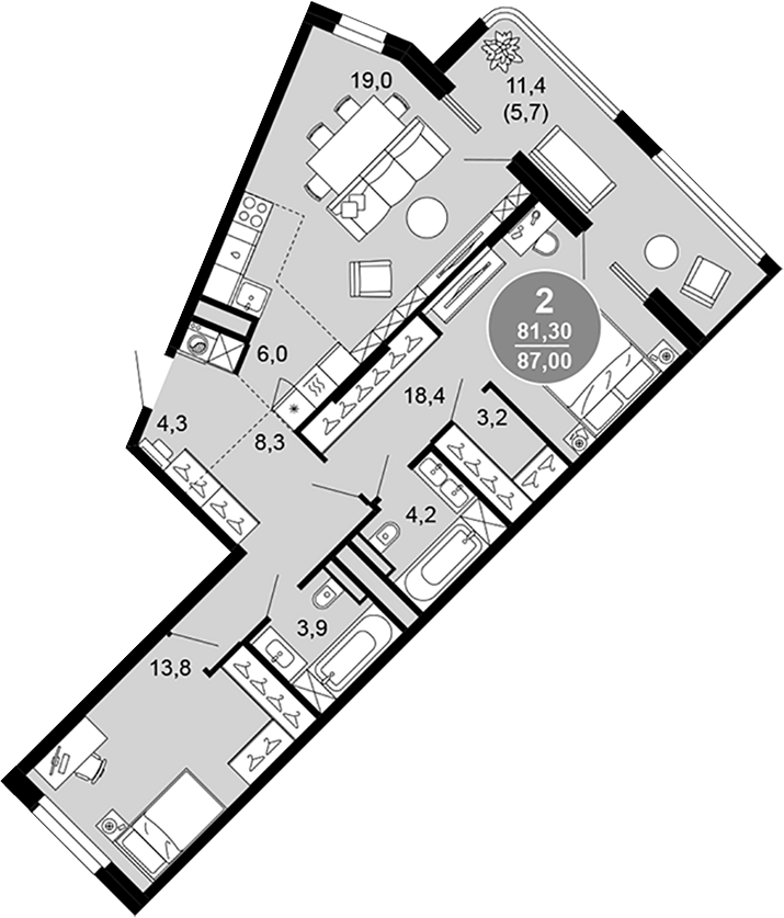 3-комн., 81.3 м², 2/4 этаж, ЖК «Клубный дом премиум класса Моретта»