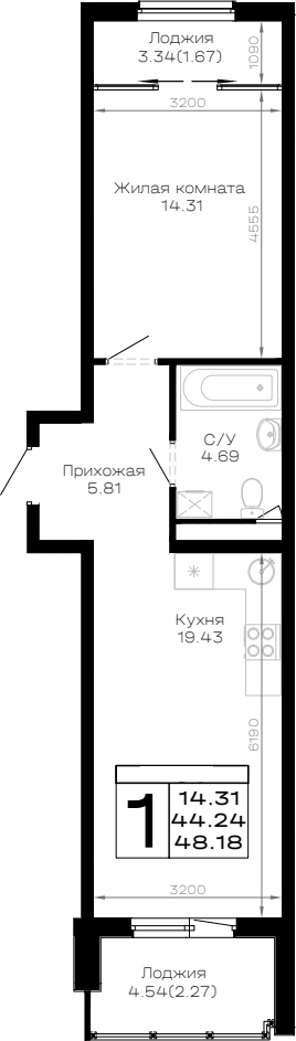 1-комн., 44.24 м², 4/4 этаж, ЖК «Усадьба Гостагаевская»