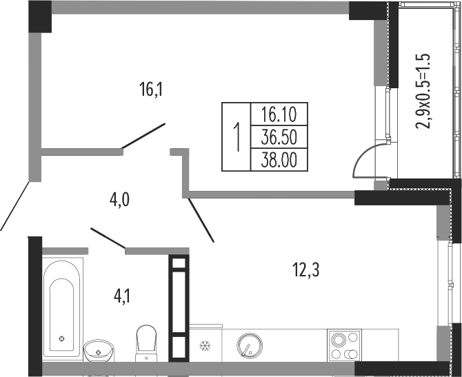 1-комн., 36.5 м², 12/15 этаж, ЖК «Екатерининский парк»