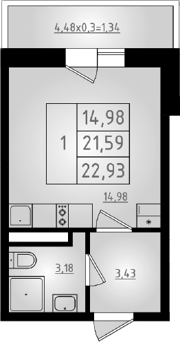 Студия, 21.59 м², 3/8 этаж, ЖК «Мега 2»
