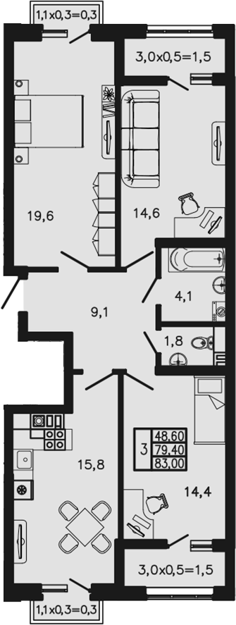 3-комн., 79.4 м², 3/4 этаж, ЖК «Экосфера»