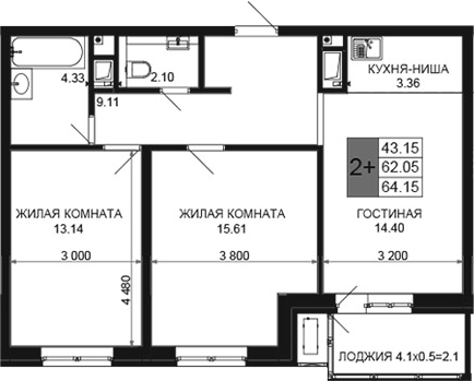 3-комн., 62.05 м², 3/16 этаж, ЖК «Сегодня»