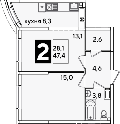 2-комн., 47.4 м², 14/16 этаж, ЖК «Самолет»