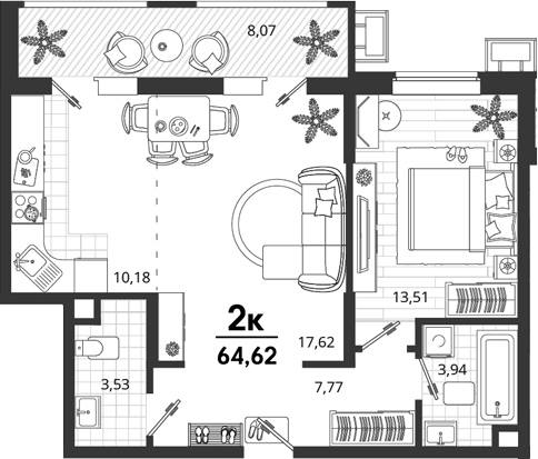 1-комн., 56.55 м², 2/9 этаж, ЖК «Родные Просторы»