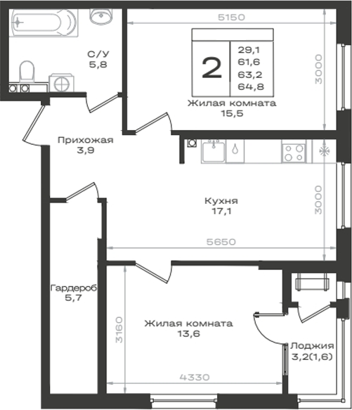 2-комн., 61.6 м², 2/14 этаж, ЖК «Нагория»