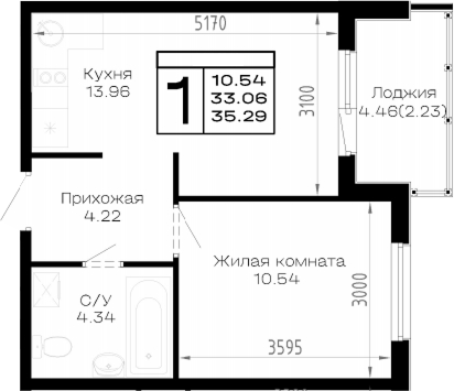 1-комн., 33.06 м², 4/4 этаж, ЖК «Усадьба Гостагаевская»