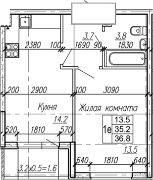 2-комн., 35.2 м², 3/4 этаж, ЖК «Дзенпарк»