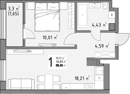 1-комн., 36.8 м², 5/9 этаж, ЖК «Коллекция»