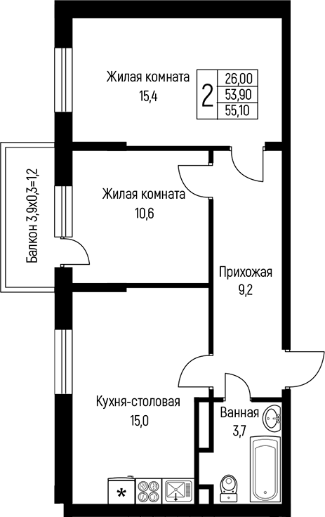 2-комн., 53.9 м², 3/3 этаж, ЖК «Nova Vita»