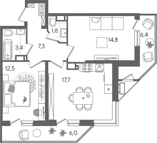 3-комн., 57.5 м², 22/24 этаж, ЖК «Рекорд»