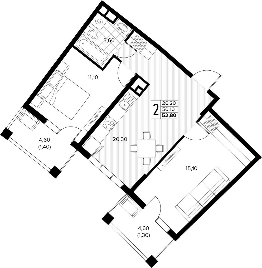 2-комн., 50.1 м², 6/8 этаж, ЖК «Кипарис»