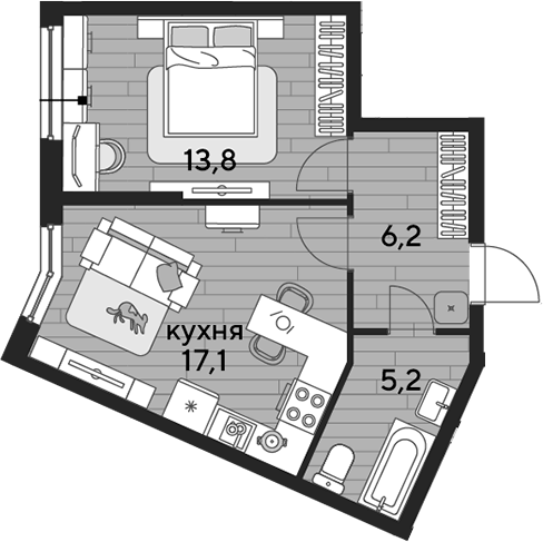 1-комн., 42.3 м², 2/19 этаж, ЖК «DОГМА ПАРК»