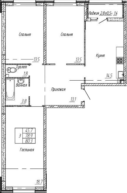 3-комн., 78.9 м², 2/9 этаж, ЖК «Архитектор. ГК ЮгСтройИнвест»