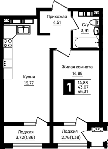 1-комн., 43.07 м², 13/18 этаж, ЖК «Резиденция морей»