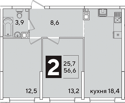 3-комн., 56.6 м², 5/16 этаж, ЖК «Самолет»