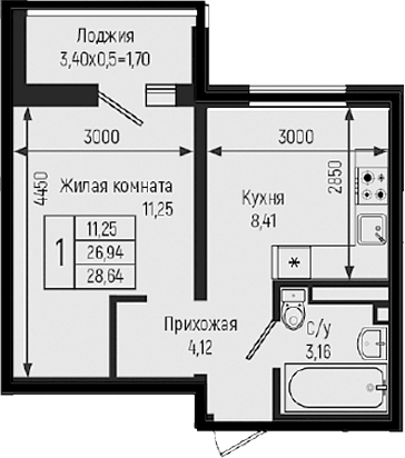 1-комн., 26.94 м², 8/9 этаж, ЖК «Ботаника Хиллс»