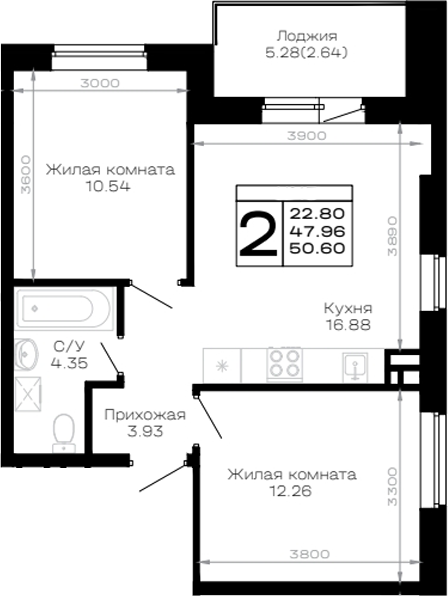 2-комн., 47.96 м², 3/4 этаж, ЖК «Усадьба Гостагаевская»