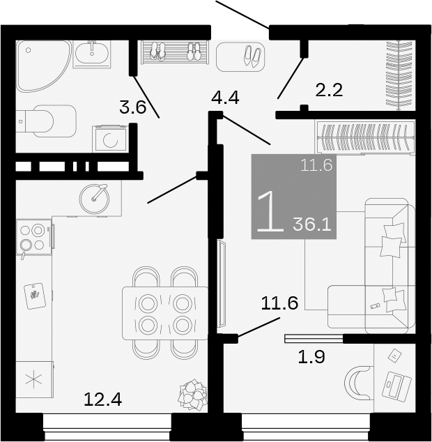 1-комн., 34.2 м², 3/8 этаж, ЖК «Хозяин Морей»