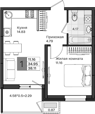 1-комн., 34.95 м², 5/8 этаж, ЖК «МОНО квартал»