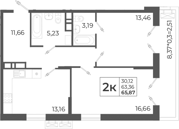 2-комн., 63.36 м², 2/12 этаж, ЖК «Высочество»