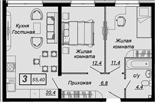 2-комн., 55.4 м², 1/15 этаж, ЖК «Чайные Холмы»