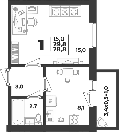 1-комн., 28.8 м², 4/5 этаж, ЖК «Дарград»