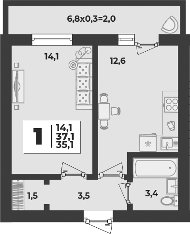 Продается 1-комн. квартира, 35.1 м²
