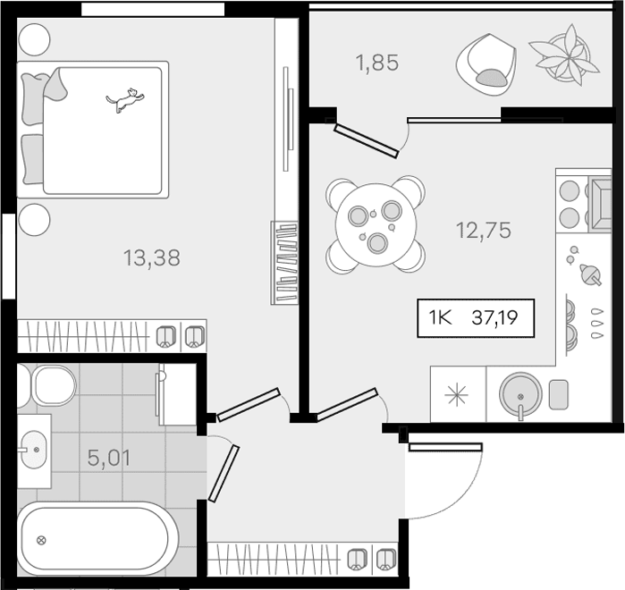1-комн., 35.34 м², 8/8 этаж, ЖК «История 3»